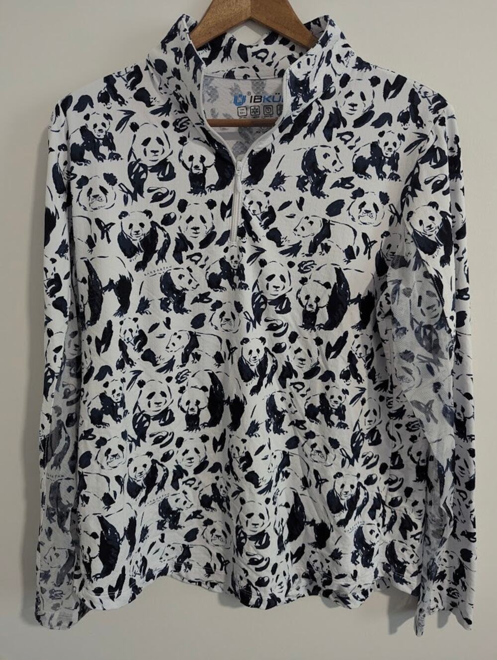 IBKUL UPF 50+ Long Sleeve Golf Tennis Top 1/4 zip Size L Panda Print